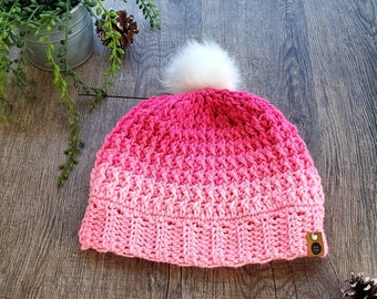 Ombre Pink Winter Hat with Pom Pom, Cute Warm Winter Beanie, Winter Accessories