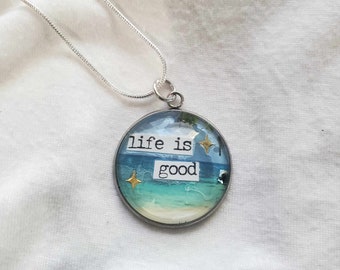 Beach quote Necklaces, Long Necklace with Round Pendant, One of a Kind, Necklace with Quote, Inspirational Necklace, Y8