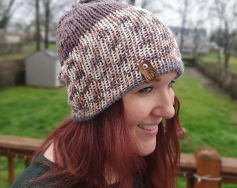 Brown Grey Striped Knit Beanie for Adults, Reversible Beanie, Lightweight Knit Hat, Reversible Hat, Neutral Soft Comfortable Beanie