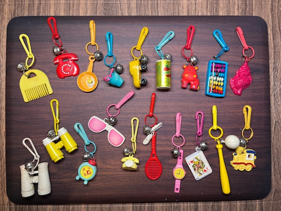 Vintage 1980s Retro MINIS, collectible 80's necklace bracelet plastic clip and bells charm, keyring collection, keychain galore 1 per order