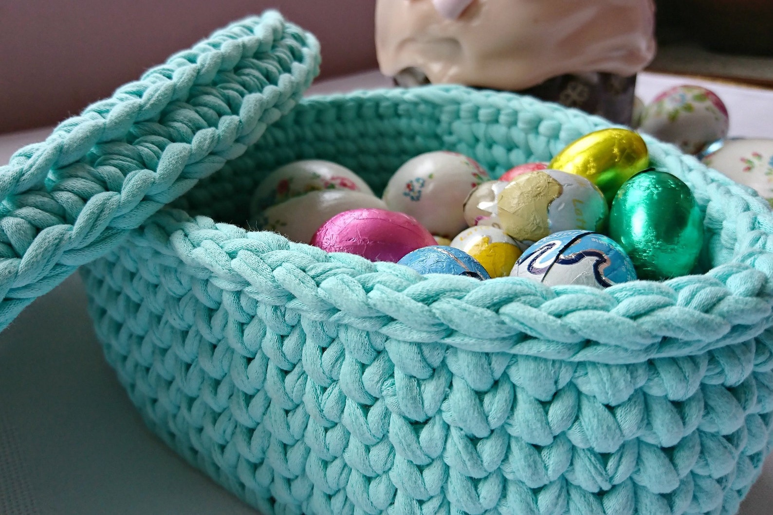 Blue Knitted Box With Wooden Bottom and Top Egg Form Basket Etsy