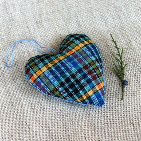 Rustic fabric hanging hearts plaid textile hearts Christmas ornament Set of five blue little hearts Eco friendly decoration Valentine's gift