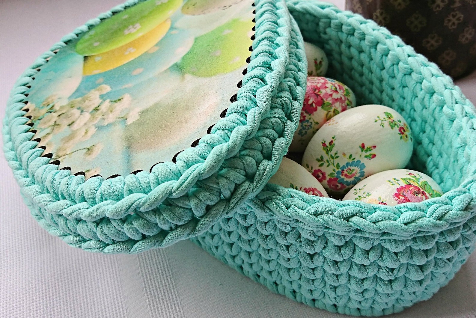 Blue Knitted Box With Wooden Bottom and Top Egg Form Basket Etsy