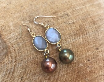 natural / boho styled pearl & moonstone / gold / mixed metals / birthday earrings.