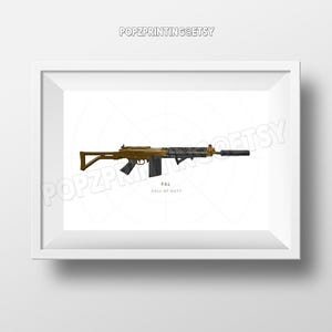 May include: A digital illustration of a gold and black FAL assault rifle from the Call of Duty video game series. The rifle is depicted against a white background with a faint grey circle pattern.