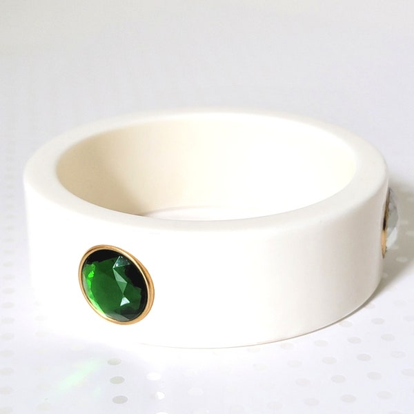 Vintage chunky bangle bracelet, white plastic acrylic, with red and green accents, 80s style