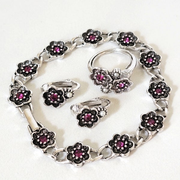 Vintage Avon Rosegay floral jewelry set, pink rhinestones, bracelet ring and earrings, flower demi parure