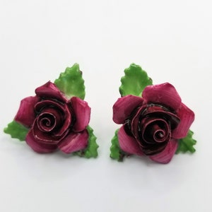 Vintage flower earrings, deep pink porcelain rose clip-ons, made in England