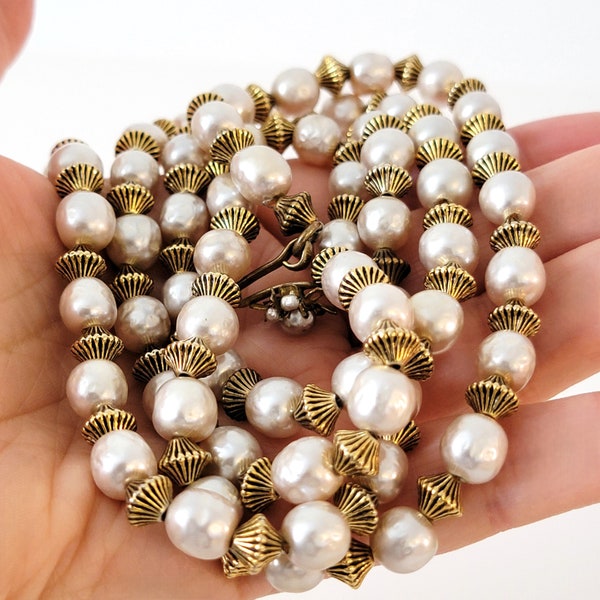 Miram Haskell long faux pearl beaded necklace, vintage baroque style, with antique gold tone accents