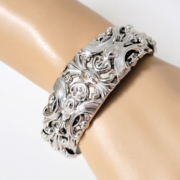 Whiting and Davis bracelet, vintage silver tone hinged clamper bangle, in repousse baroque style