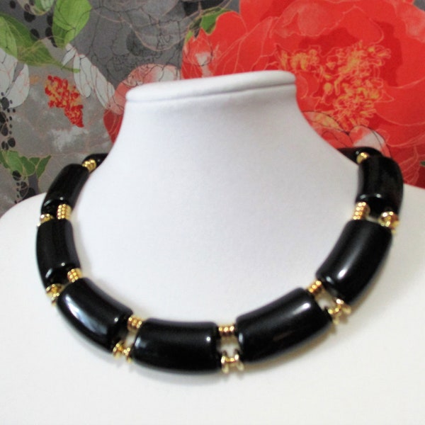 Trifari Necklace Black Choker Acrylic w Gold Tone Accents 70s - 80s