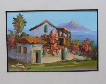 Signed Miniature Oil Painting: Italian Coastal Villa Scene