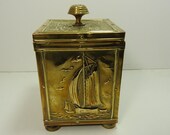 edwardian brass tea caddy with fishing barge decoration