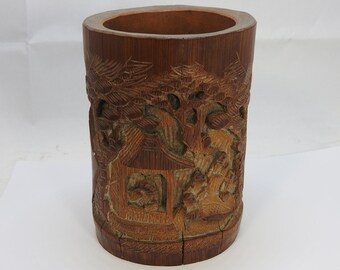 Collect Chinese Wood Hand-carved pattern painted Flower Pen container brush pot