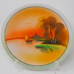 Vintage Chikaramachi Japanese Porcelain Plate: Hand-Painted Lake Scene, 1930s Art