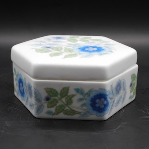 Puede incluir: Una caja de baratijas hexagonal blanca con un diseño floral. La caja presenta flores azules y hojas verdes sobre un fondo blanco. La tapa y los lados están decorados con el patrón floral. La caja probablemente está hecha de cerámica o porcelana.