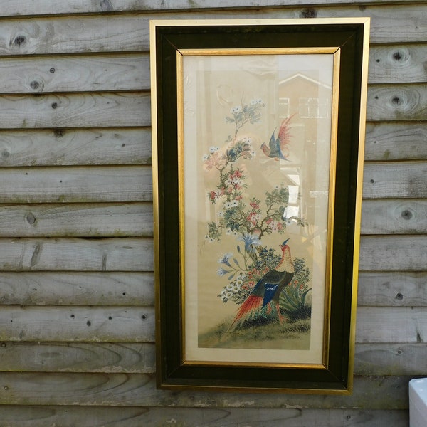 Peinture chinoise sur soie d'oiseaux près d'un arbre en fleurs