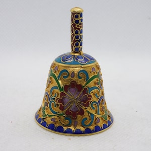 Vintage Cloisonne Enamel on Brass Oriental Collectible Bell Oriental Cloisonne Miniature Pink Rose Blossom Floral Blue Design