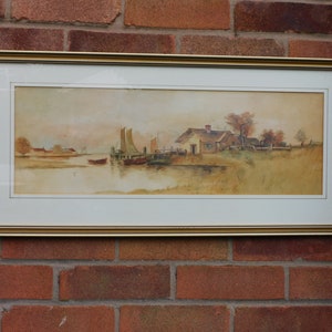 Coastal fishing cottage and barges, original watercolour