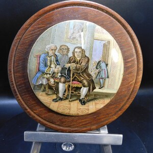Antique Prattware pot lid, Dr. Johnson, framed Victorian transfer printed earthenware pot lid, Circular oak wooden frame, ceramic pot lid