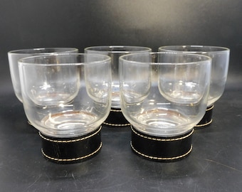 set of 5 Vintage Whisky , Brandy, Gin Glasses , blacl leather detail to base