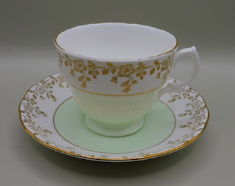 Vintage Colclough Tea Cup and Saucer: Mint Green Filigree English Bone China
