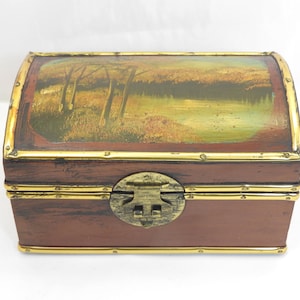 A vintage hand painted jewellery casket with original box