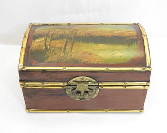 A vintage hand painted jewellery casket with original box