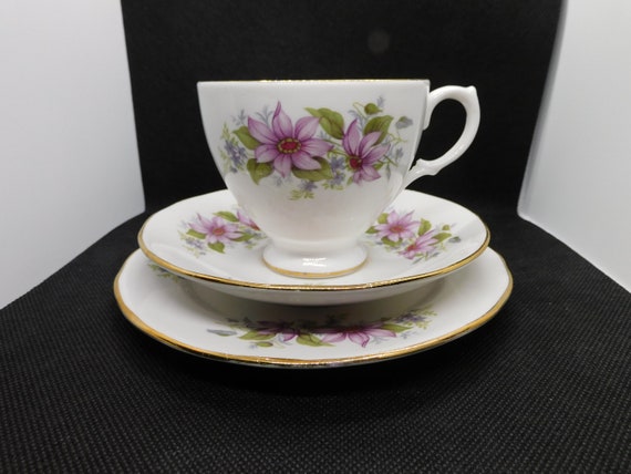 Vintage Royal Kent Bone China Trio With Pink Clematis Flowers. 3 Available Etsy UK