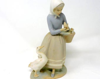 Lladro Shepherdess Girl with Ducklings Basket #4568 - Retired 1970s Matt Figurine, Handmade in Spain