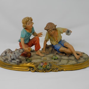Antique Capodimonte Italian Viertasca Porcelain Figurine Boys Playing Dice, Hand made italian ceramic art,