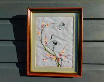 Vintage Chinese Silk Painting | Hand-Painted Cranes & Flowers | Framed Asian Wall Art |