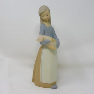 Vintage Lladro Girl with Piglet Figurine: Spanish Porcelain, Matt Finish