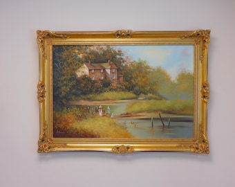 Large Original Oil Painting by Les Parsons born 1945 in a gilt Frame, Sailing on the River