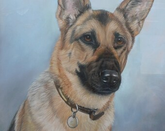 オリジナルの手描きのアルザス、ジャーマンシェパードの肖像画、1992年