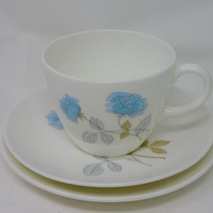 Wedgwood Ice Rose Trio Set | Cup, Saucer & Side Plate | Discontinued Bone China | Vintage Blue Rose Design | Replacement China