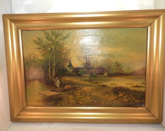 Gilt framed antique oil on canvas box painting by  Gus Goad ,men in boat