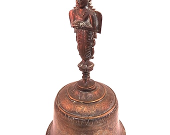 19th c tibetan bronze prayer bell with figural  handle and engraved