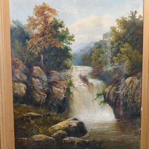 May include: A painting of a waterfall cascading down rocky cliffs in a lush forest setting. The water is white and foamy, and the rocks are brown and gray. The trees are green and leafy, and the sky is blue with white clouds.