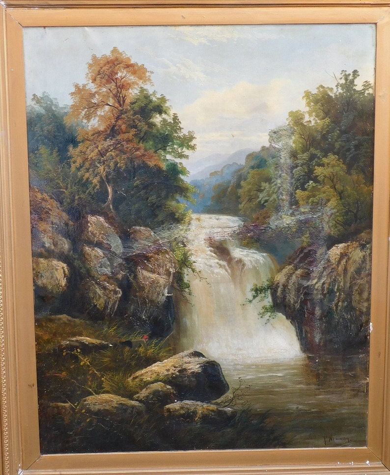 May include: A painting of a waterfall cascading down rocky cliffs in a lush forest setting. The water is white and foamy, and the rocks are brown and gray. The trees are green and leafy, and the sky is blue with white clouds.