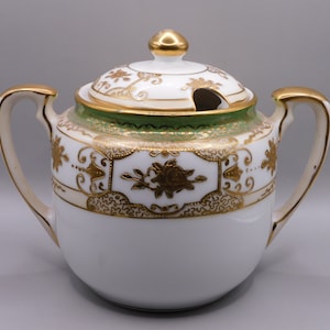 Antique Noritake Sugar Bowl with lid, two handled sugar bowl,