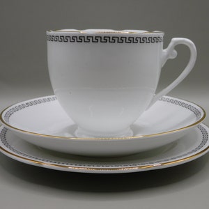 Royal Grafton, White glaze with black modern styling Teacup, Saucer Dessert Plate , Bone China, Made in England Tea Cup Trio