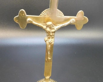 Vintage Brass Altar Cross: Free Standing Crucifix, Religious Decor