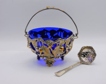 Berry and Leaf silver Sucrier with silver sifter spoon, Bristol Blue Glass Lined, Sugar bowl