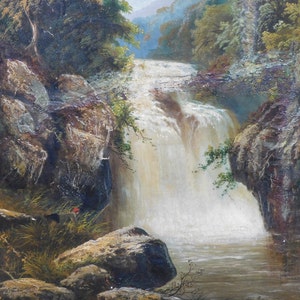 May include: A painting of a waterfall cascading down a rocky cliffside. Lush green trees frame the scene, with sunlight illuminating the water's spray.