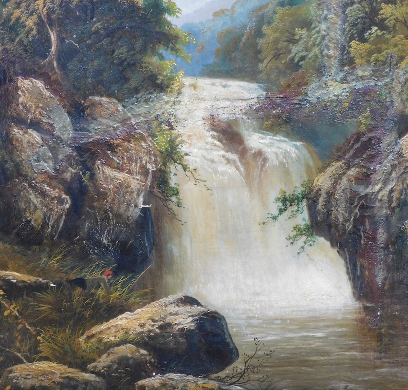 May include: A painting of a waterfall cascading down a rocky cliffside. Lush green trees frame the scene, with sunlight illuminating the water's spray.