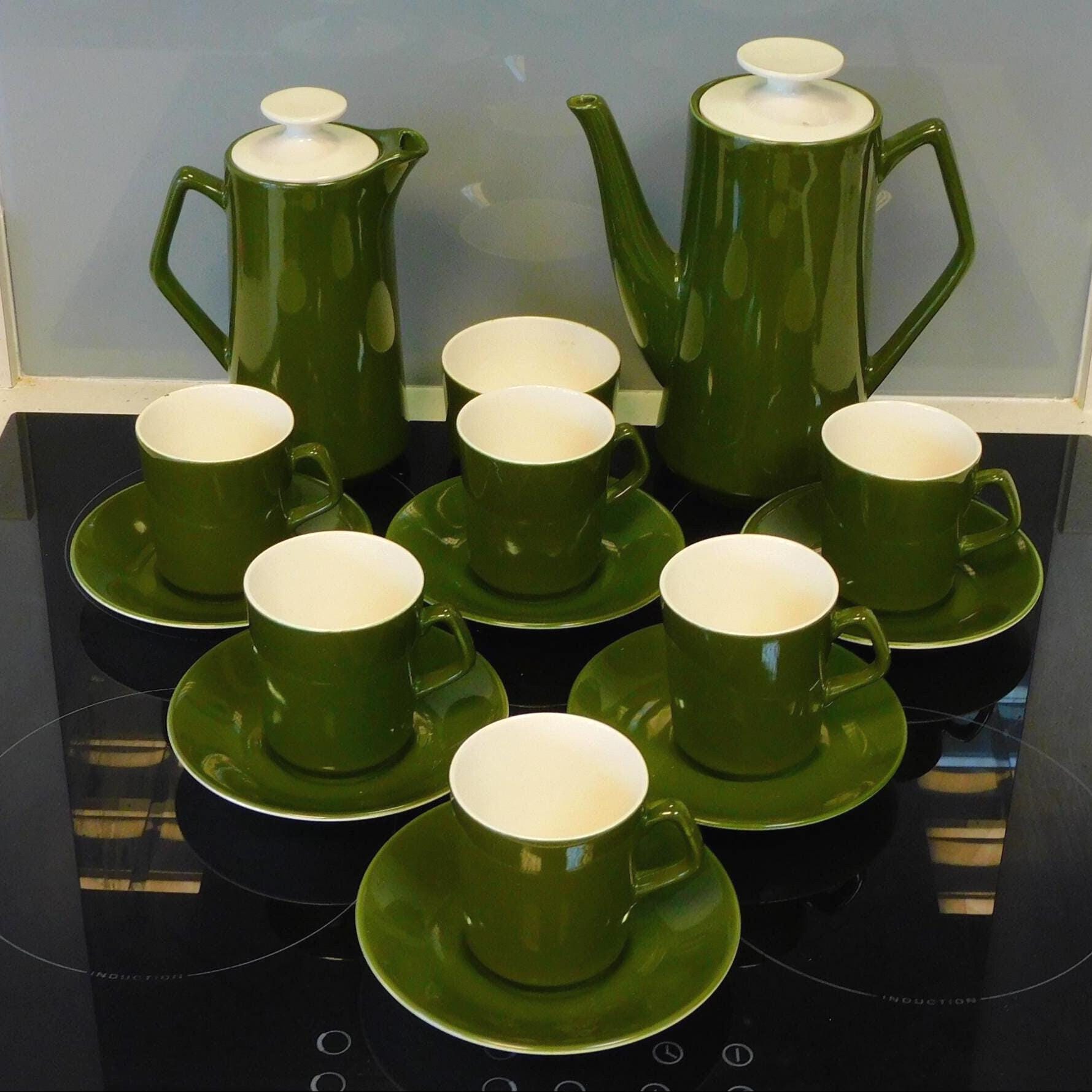 beswick theminstrel 陶器 Vintage Beswick Green Coffee Set - 15 Piece Espresso Set - Made in