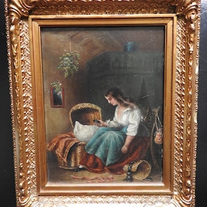 antique, late 19th century oil on board mother holding lid, gilt framed