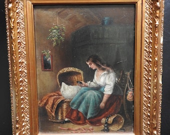 antique, late 19th century oil on board mother holding lid, gilt framed