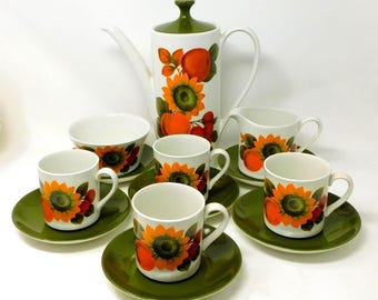 Myott Orchard Coffee Set • Mid Century Sunflower Floral Mugs, Creamer, Sugar, Pot